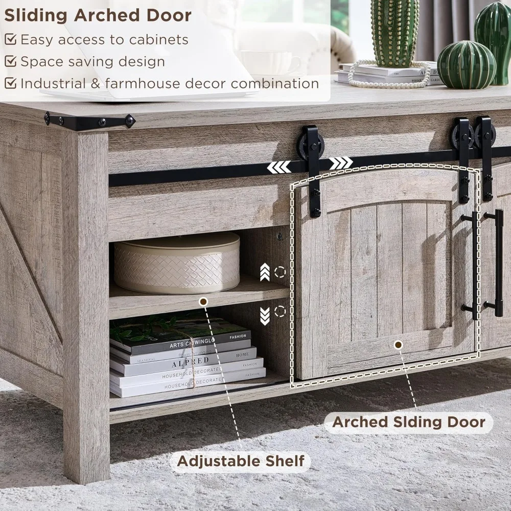 Farmhouse Lift Top Coffee Table with Sliding Door, 48" Large Rustic Center Table with Hidden Storage Compartment