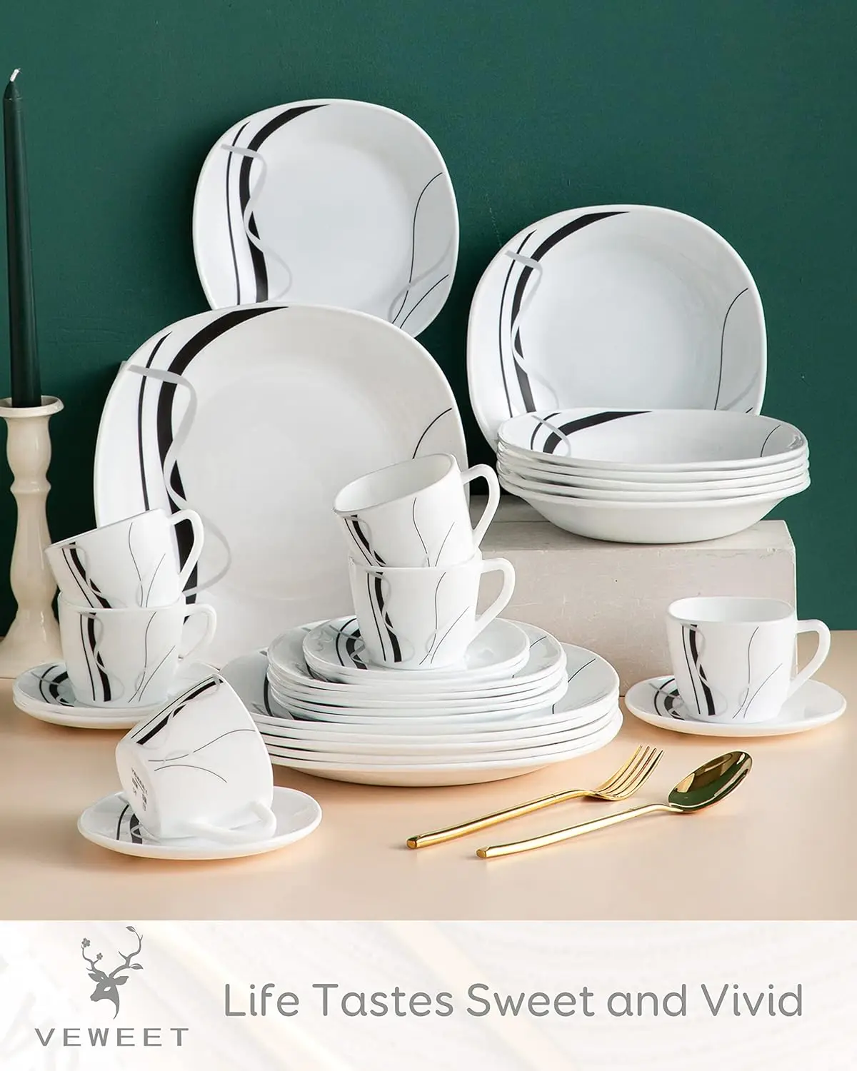 

30-Piece Dinnerware Set Ivory White Opal Glassware, Break Resistant Dinner Sets with Dessert Plates