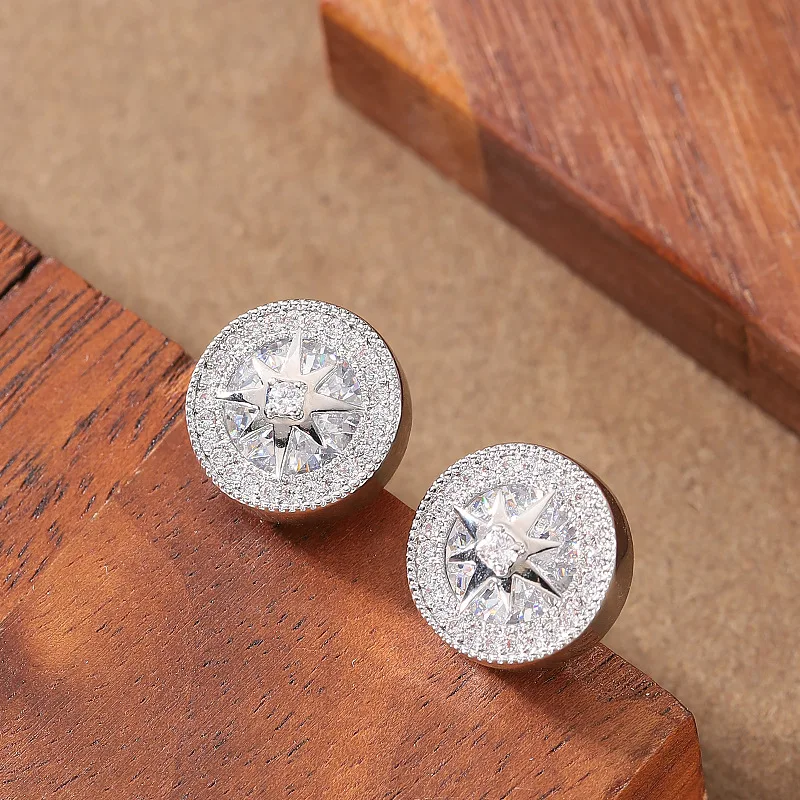 Stylish and exquisite geometric round eight-pointed star zircon earrings, light luxury, high-end commuting earrings