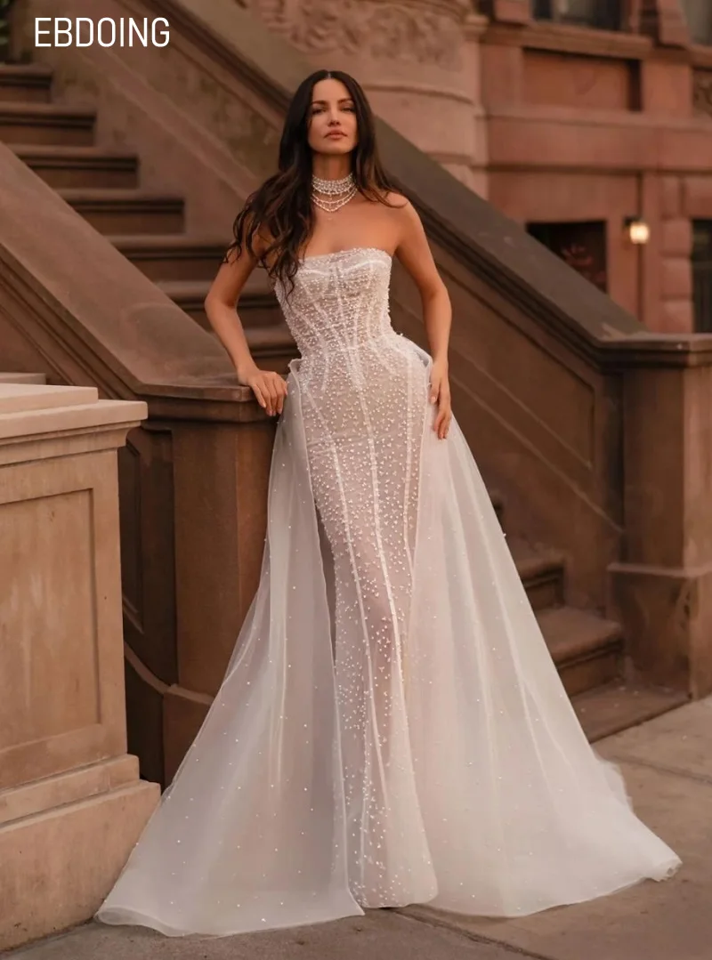 

EBDOING Customized Wedding Dress Mermaid Lace 2 in 1 Strapless Beading With Detachable Sleeves Bride Gown Vestidos De Novia