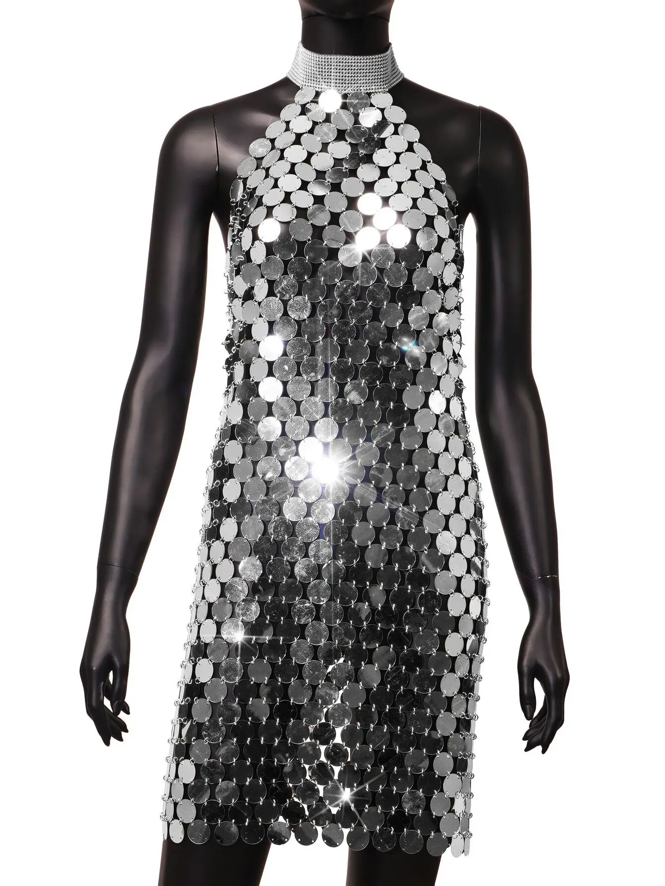 

Women's Spice Girl Metallic Sequin Mini Skirt Silver Disc Deep V Beach Nightclub Party Evening Dress Fashion