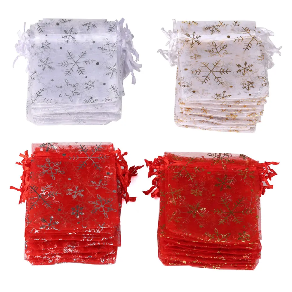 

50pcs/lot 7X9 9X12 10X15 13x18cm New Snowflake Print Organza Jewelry Bags Wedding Candy Christmas Gift Packing Pouches