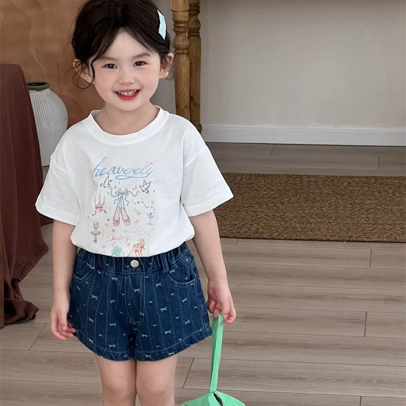 

Girls T-shirt 2025 Summer New Childrens Clothing Korean Style Girl Baby Simple Ballet Print Round Collar Short Sleeve Casual