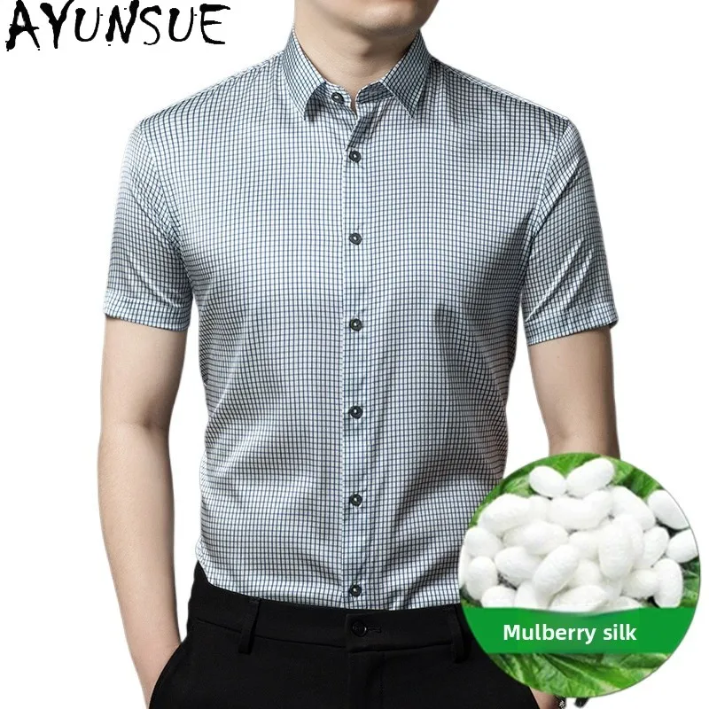 

AYUNSUE 92% Natural Mulberry Silk Shirt for Men Clothing Short Sleeve Shirts Summer Tops 2026 Fashion Plaid Shirt Man Streetwear