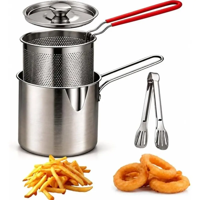 VEHO-Minideep Fryer Set, Stainless Steel Oil Strainer Fry Pot With Easygrip Handle For French Fries, Chicken Wings, Fish