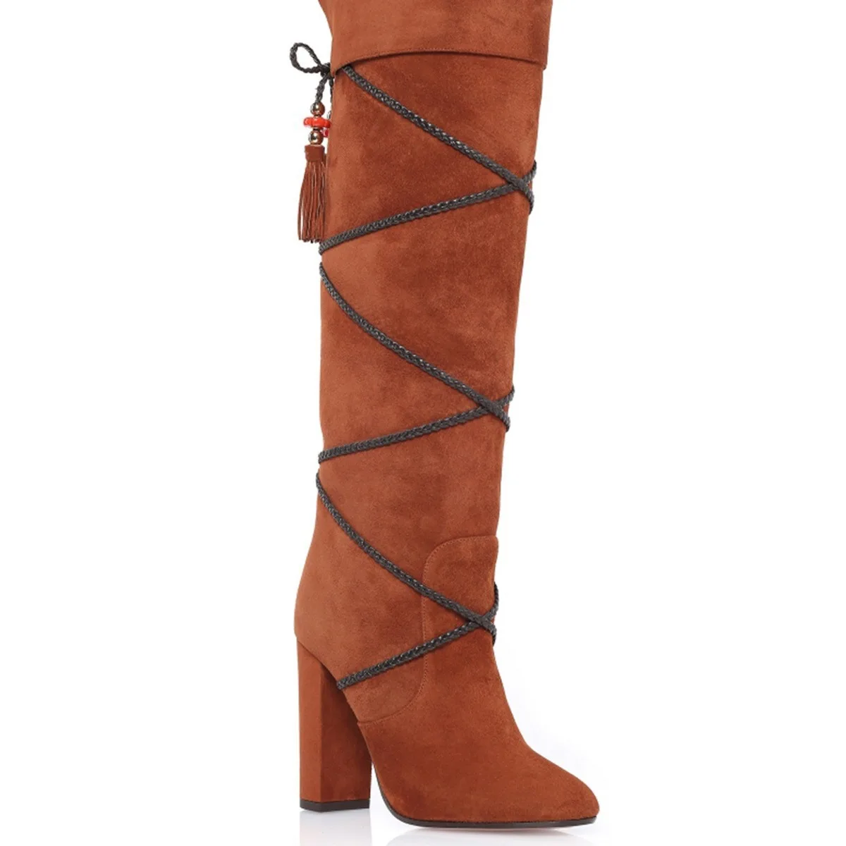 

Tribal Style Tassel Beaded Comfortable Knee-High Boots Handmade Thick Heel Large Size Botines Suede Slip-On Women Botas
