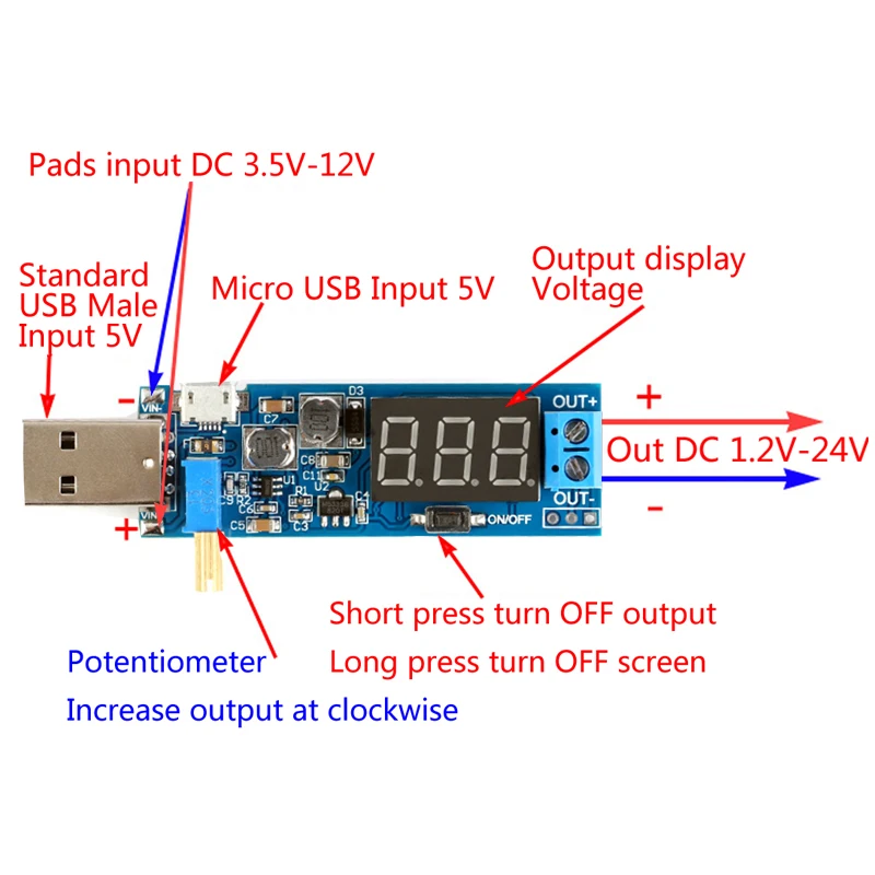 Stlxy DC-DC 5V to 3.5V / 12V USB Step UP / Down Power Supply Module Adjustable Boost Buck Converter Out DC 1.2V-24V