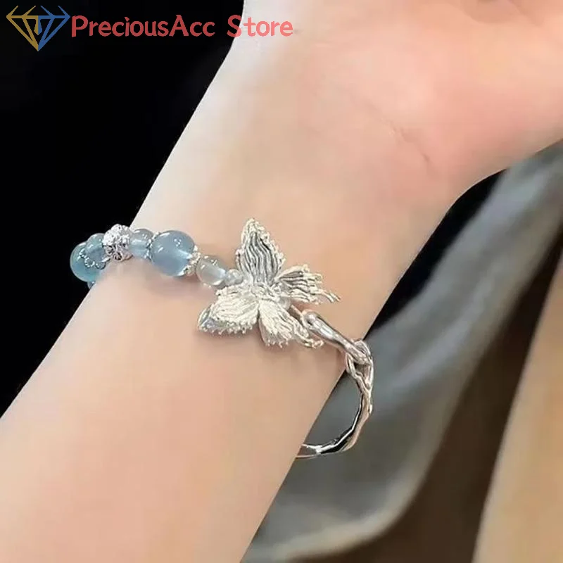 Handmade Chinese Style Beaded Bracelet Silver Butterfly Pendant Lucky Charm Graduation Gift Daily Wear Jewelry Accessory