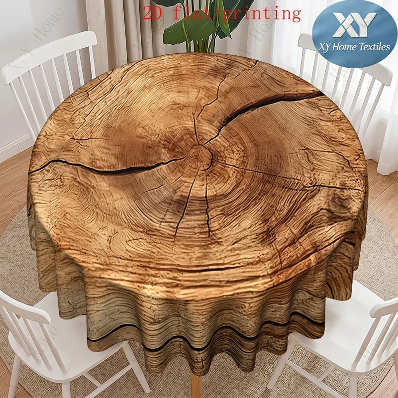 Simulation tree stump annual ring round tablecloth, vintage crack wood grain tablecloth