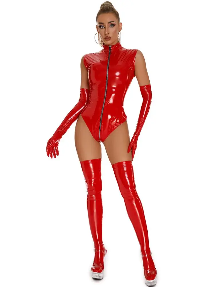 Áo Cổ Cao Ướt Nhìn PVC Catsuit Sáng Bóng Da PU 3 Dây Kéo Mở Đáy Quần Bodysuit Thun Hóa Cơ Thể Top Gợi Cảm clubwear