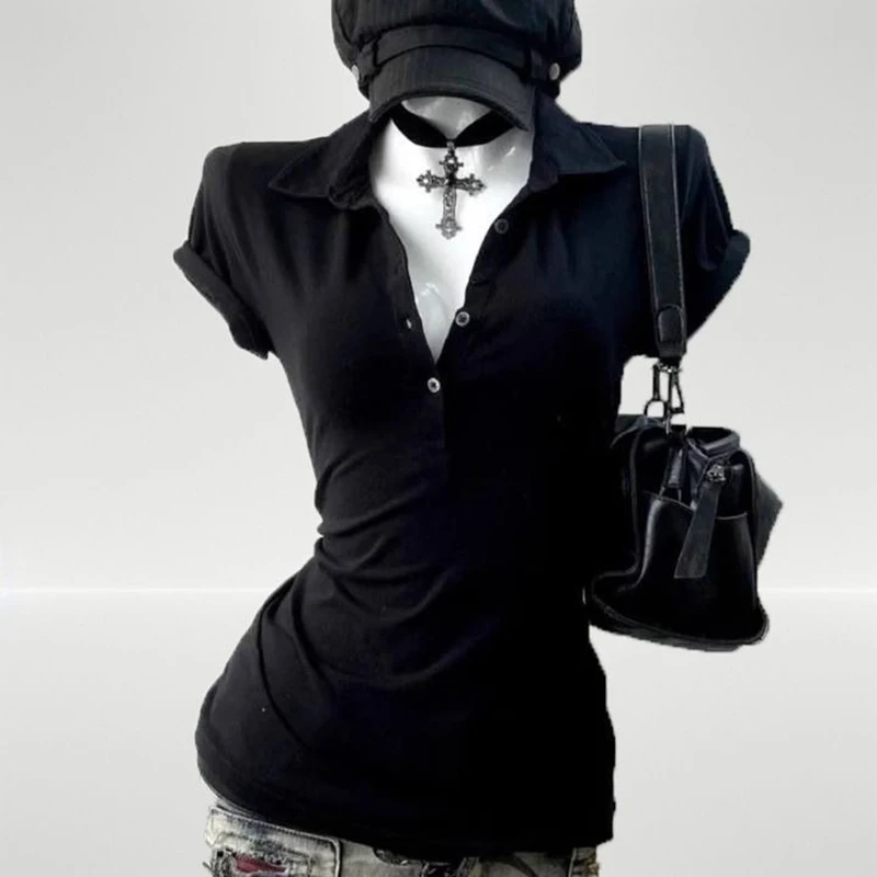 Graphic Harajuku POLO Collar Solid Short Sleeve Women's T-shirts 90s Clothes Vintage Women Female Trashy Y2k 2000s Tops Gothic