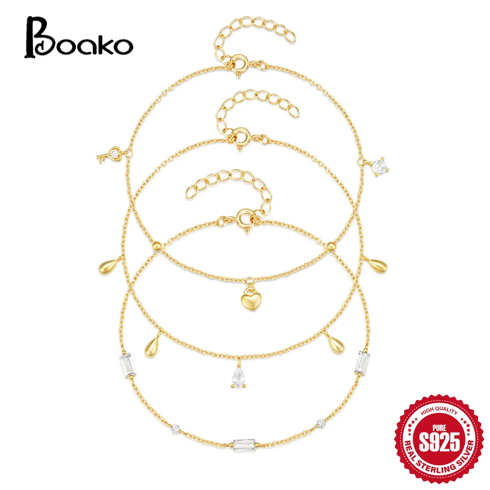 

BOAKO 925 Sterling Silver Smooth Mini Water Drop Heart Zircon Pendant Bracelet For Women Girl 17cm Adjustable Bangle Pulseira