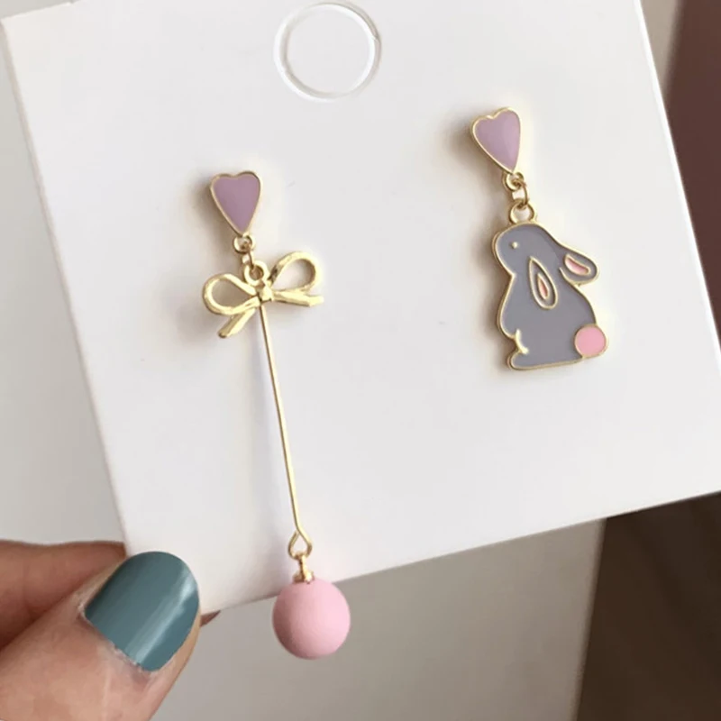 Koreanischer Stil Blumen Niedliche Tier-Ohrhänger für Frauen Mond Sterne Kätzchen Hase Ballon Asymmetrische Ohrringe Party Schmuck Geschenk – Detail 4