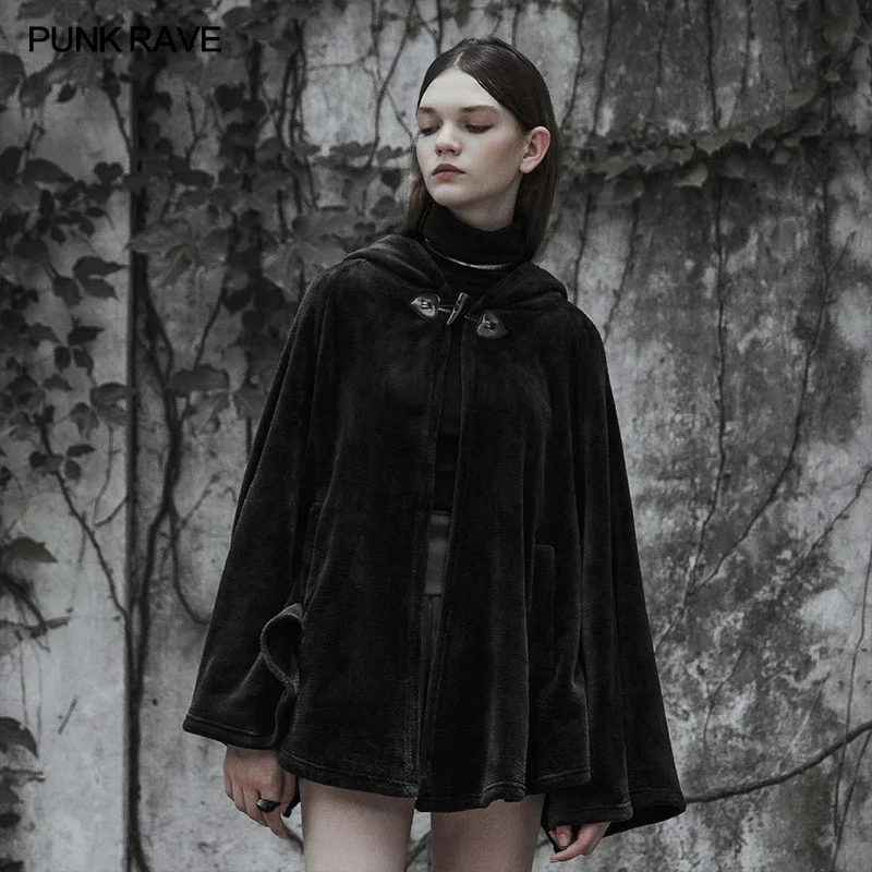 PUNK RAVE Women's Gothic Gorgeous Dark Warm Velvet Embroidered Cloak Jacke Personality Mysterious Club Black Cape Winter