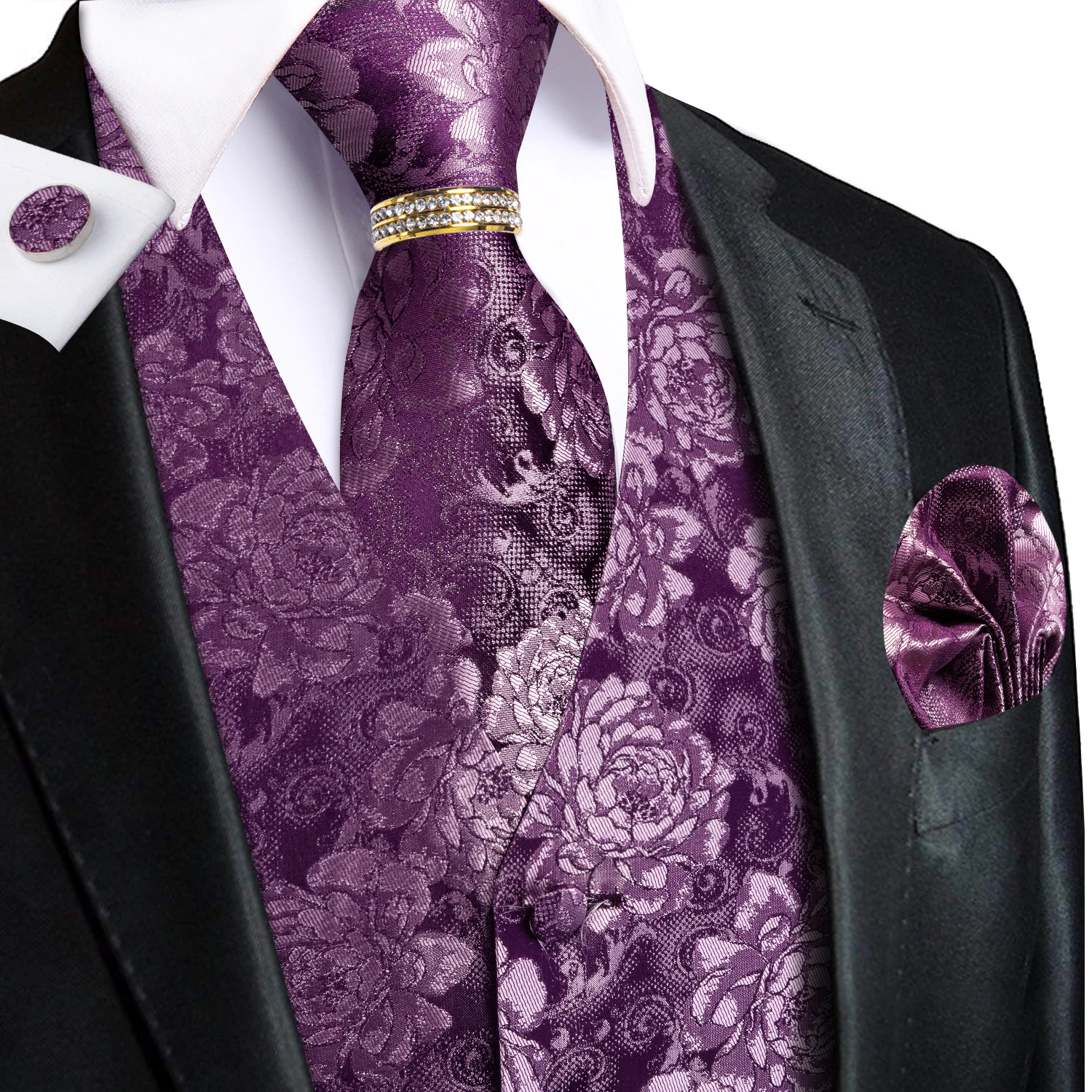Pocket Square Set - Rompi Pria Motif Bunga Mawar Ungu