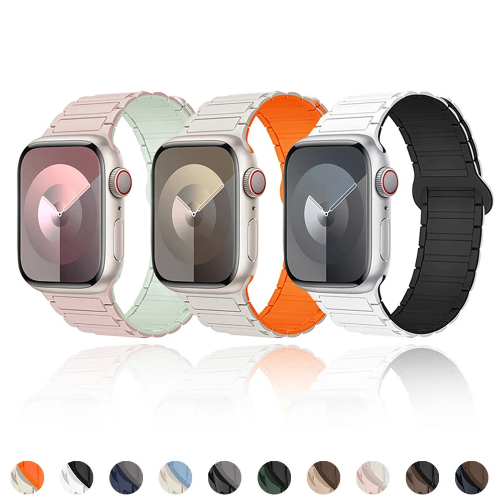 Магнитные ремешки для Apple Watch S11 S10, ремешок 46 мм 44 40 45 49 42 41 38 мм, силиконовый ремешок для часов iWatch 9 8 7 6 5 4 SE Ultra 3 2