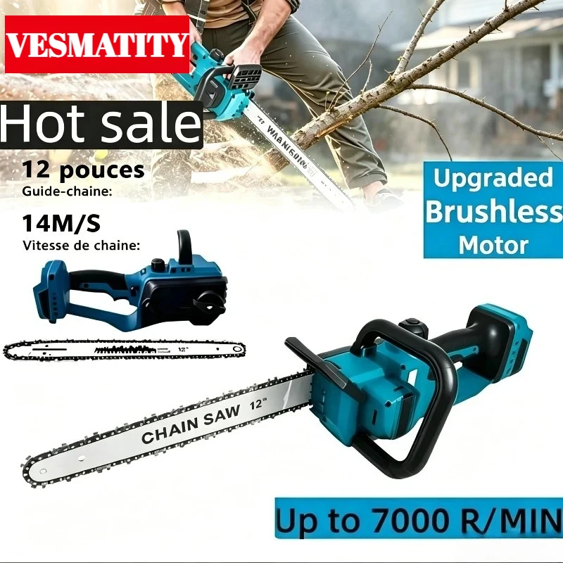 12 Inch Brushless Electric Chain Saw 2200W Rechargeable Cordless Graden Pruning Tools Portable Chainsaw for 18V-20V battery.