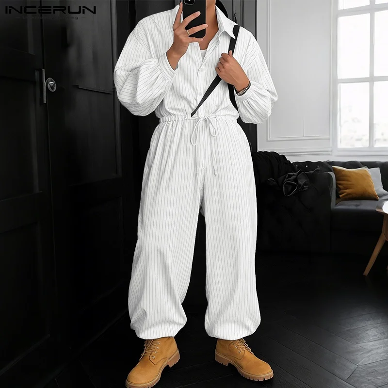 INCERUN Men Jumpsuits Striped Lapel Long Sleeve Drawstring Joggers Rompers Streetwear Loose Fashion Casual Male Overalls Pants