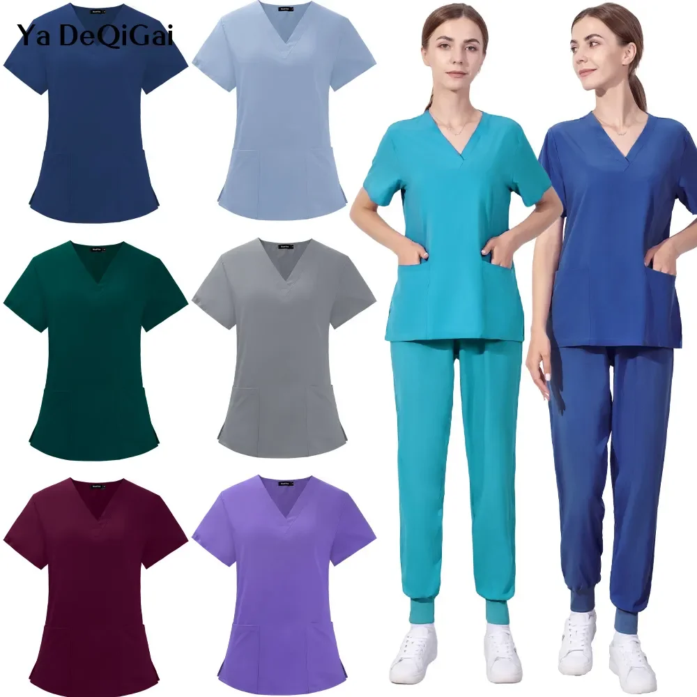 Ternos de enfermagem elásticos femininos, uniforme de trabalho, manga curta, tops para pescoço, ternos de trabalho hospitalares odontológicos, calças, atacado