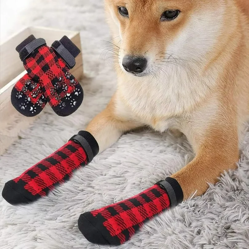 4pcs/set Breathable Anti-Slip Dog Socks Cotton Soft Pet Paw Protection with Paw Pattern Warm Pet Socks Foot Cover Winter