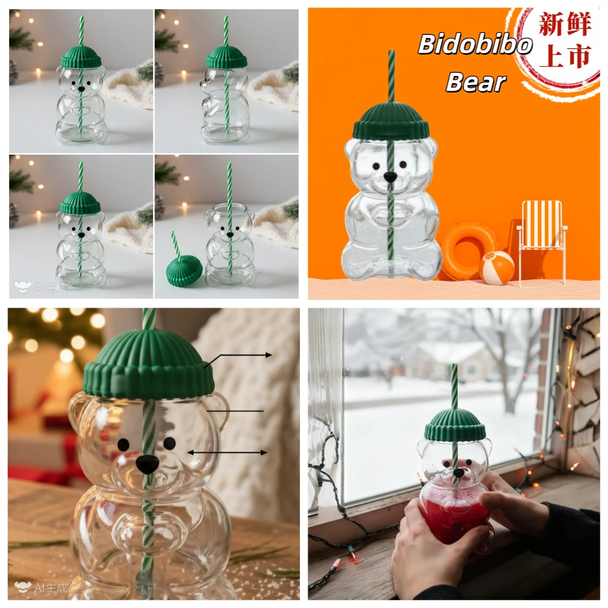 

New Bear Glass Cup with Straw Clear Bear Straw Cup with Green Hat Lid for Juice Milk Tea Smoothies Festival Gift & Party Favor