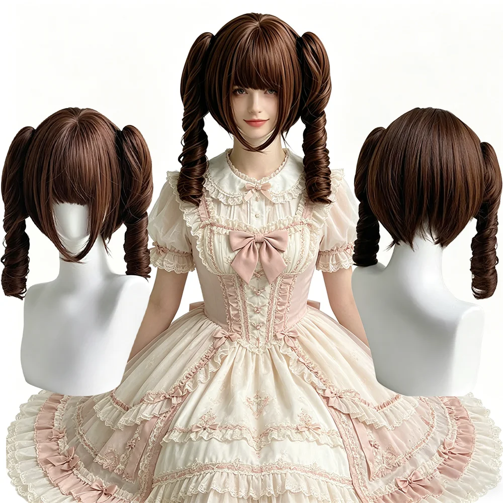 Blonde Spiral Curl Pigtail Wig With Air Bangs Fluffy Protein filaments Synthetic Hair For Girls Lolita Daily Party Anime Cosplay