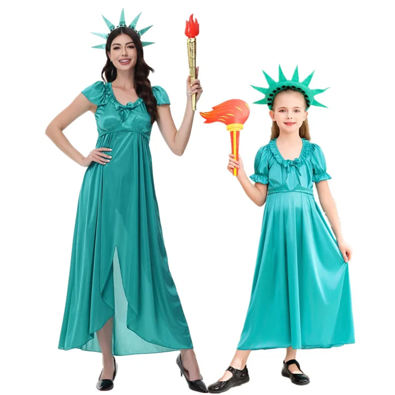 

Adult Children Free Goddess Cosplay Costume Green Roman Ancient Dress Halloween Performance Outfit Parent-Child Role Play
