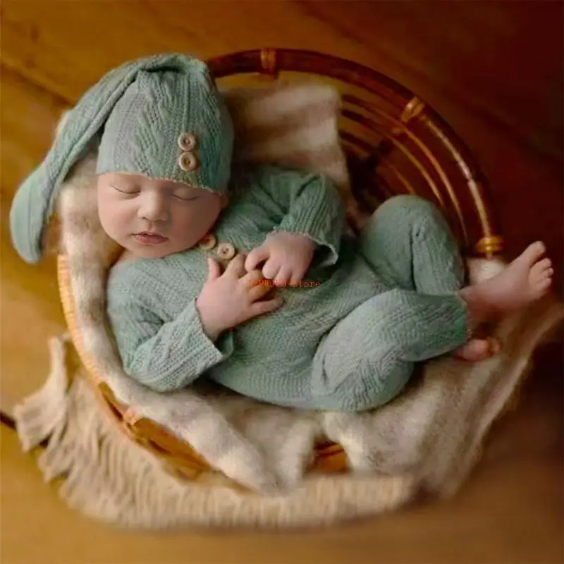 U50F الوليد التصوير الدعائم قطعة واحدة ملابس الطفل صور الطفل بذلة لينة محبوك قطعة واحدة مع قبعة الكروشيه رومبير #3