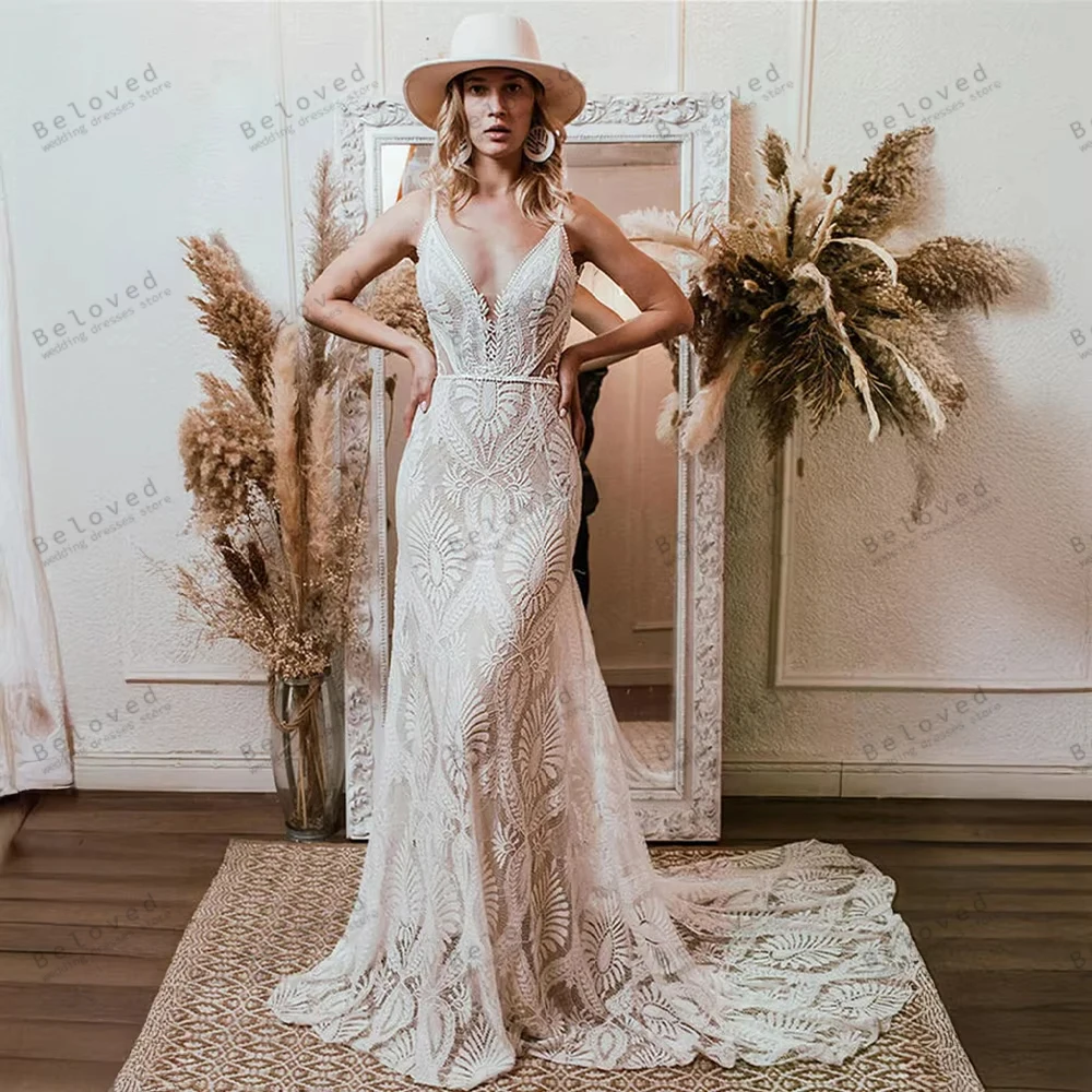 Bohemia Women's Wedding Dress Vintage Bridal Gowns Lace Tiered Robes Sleeveless Deep V Neck Vestidos De Novia Customized 2026