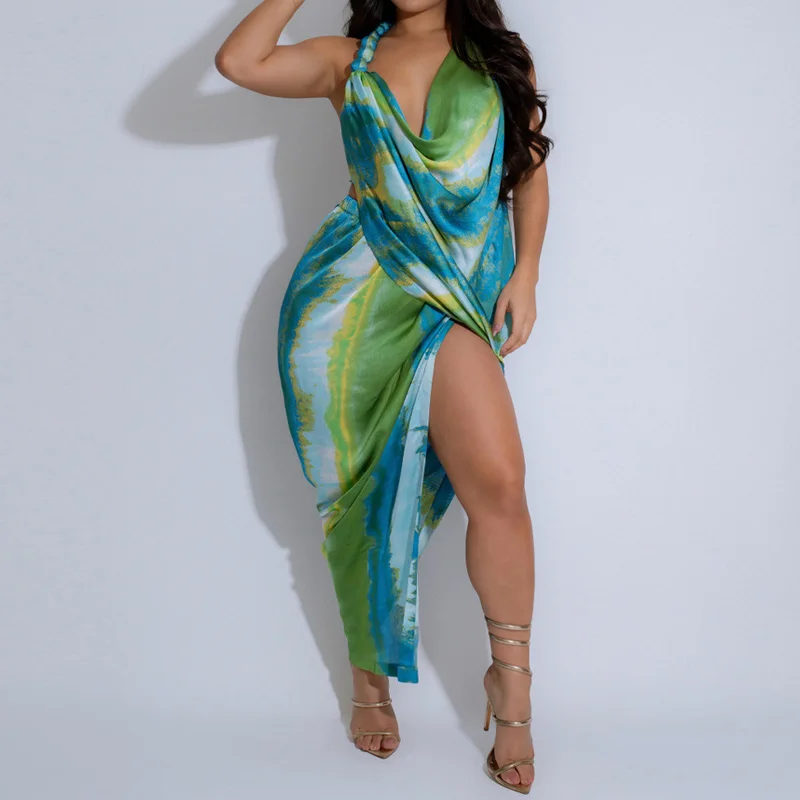 Slergiri 女性のスイング襟セクシーなハイスプリットプリントサテンドレス 2025 夏のナイトクラブパーティービーチネクタイバックレスロングドレス