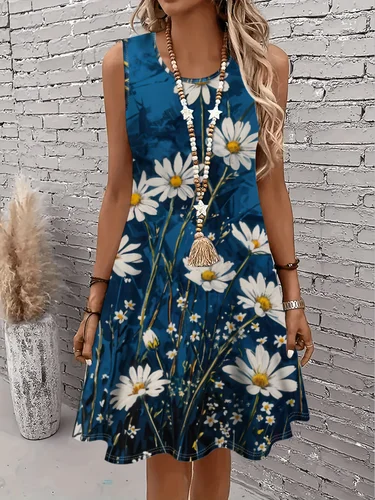 Imagen 2 del producto Vestido acampanado sin mangas de verano de talla grande para mujer, estampado Floral azul marino con margaritas blancas, ropa informal Y2k para mujer