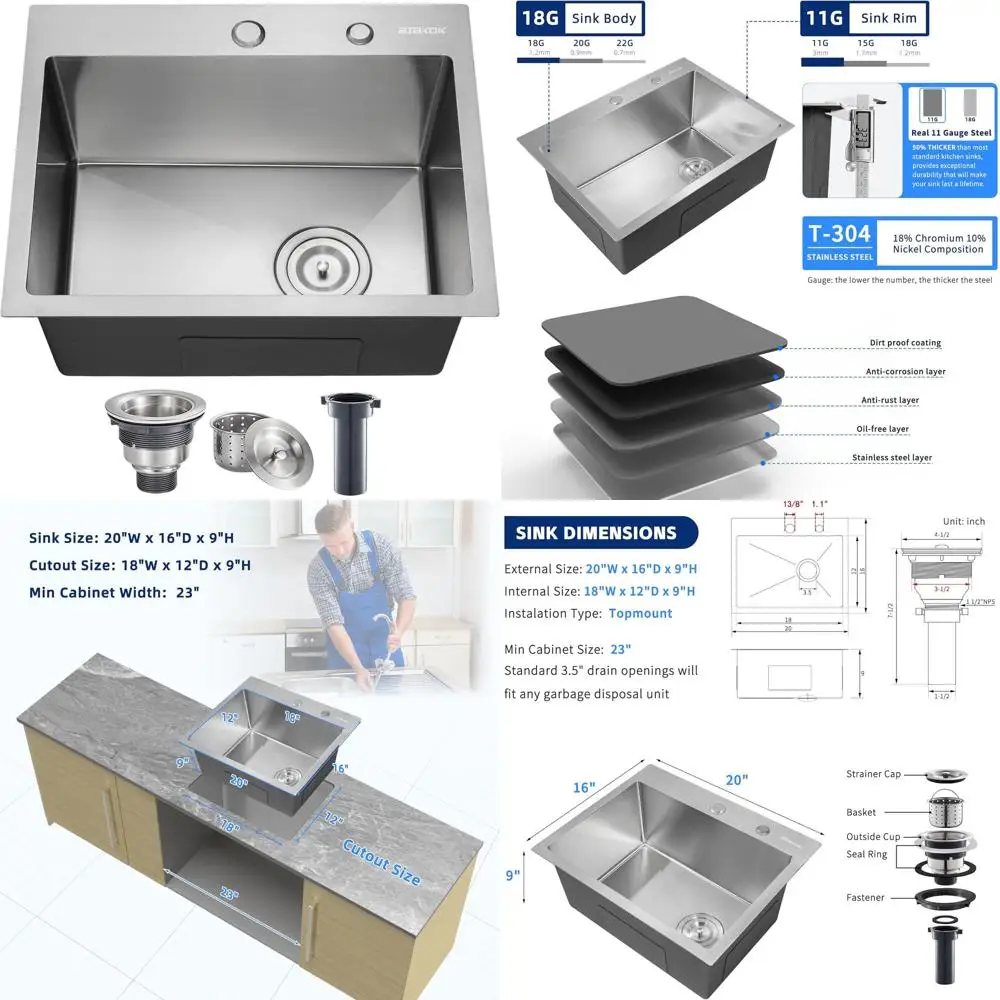

Мойка из нержавеющей стали 20x16 с верхним монтажом, одинарная, встраиваемая, для домашнего бара, использования на улице и в автодомах