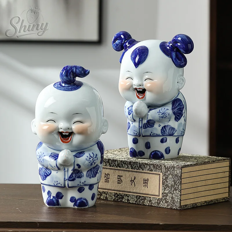 2pc Chinese Fuwa Ceramic Statue Blue and White Porcelain Happy Boy Girl Figurines Home Desktop Decor Ornament Gift