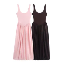 2025 verão nova roupa feminina fino ajuste temperamento elegante tule emenda cor sólida suspender vestido