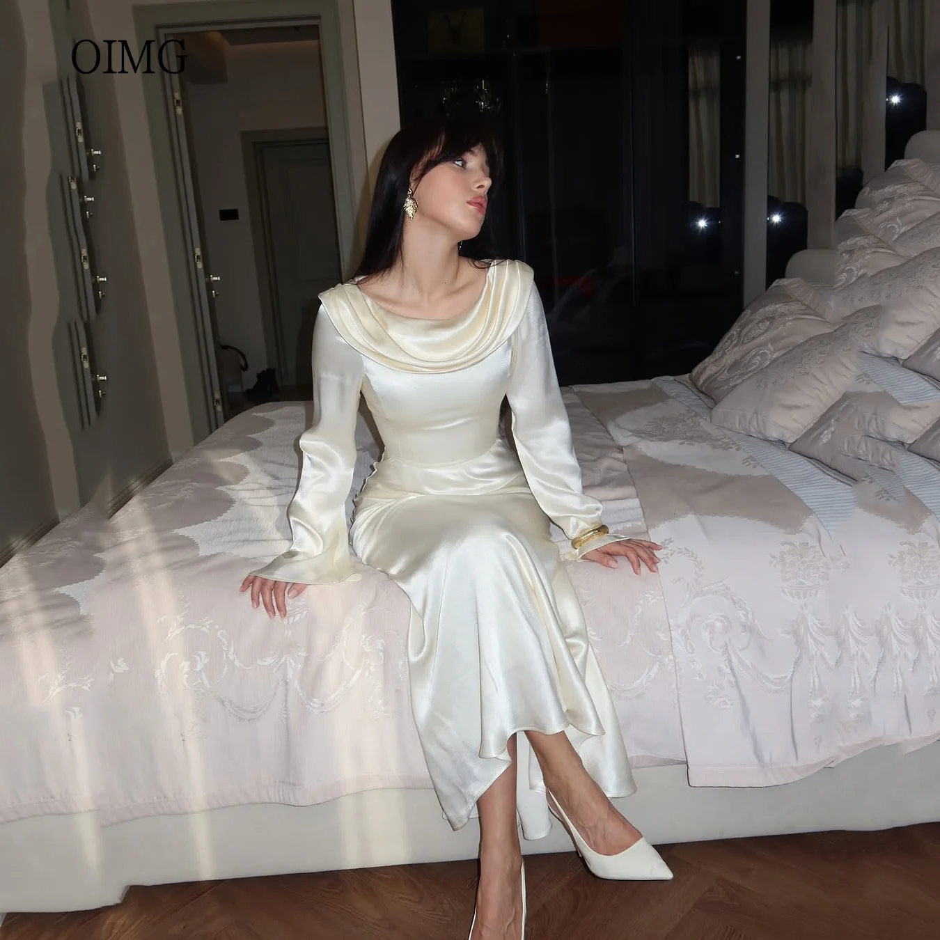 

OIMG Simple Mermaid Wedding Dress Long Sleeves Multi Layered Collar Bride Dresses Ankle Length Wedding Gowns Customized