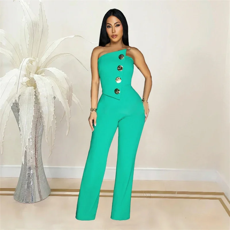 

Doyerl Off Shoulder Tube Strapless One Piece Jumpsuit Women Elegant Sleeveless Button Wide Leg Rompers Club Party Overalls Femme