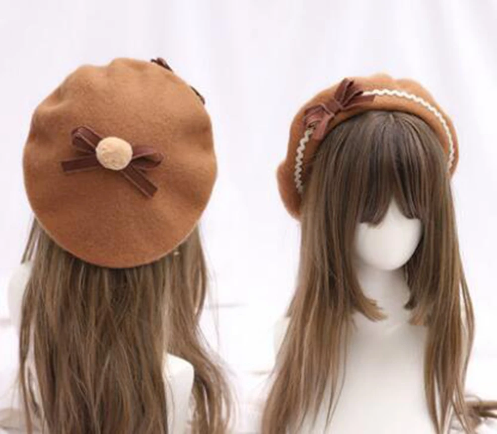 Niedliche Lolita-Baskenmütze für Damen, lässige Mode, koreanische Wolle, Schleife – Detail 9