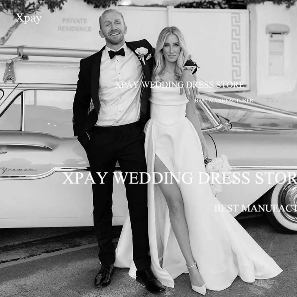 XPAY Elegant Strapless A Line Wedding Dresses Satin Pleats Sleeveless Bridal Gown High Side Split Backless Bridal Dress 2024