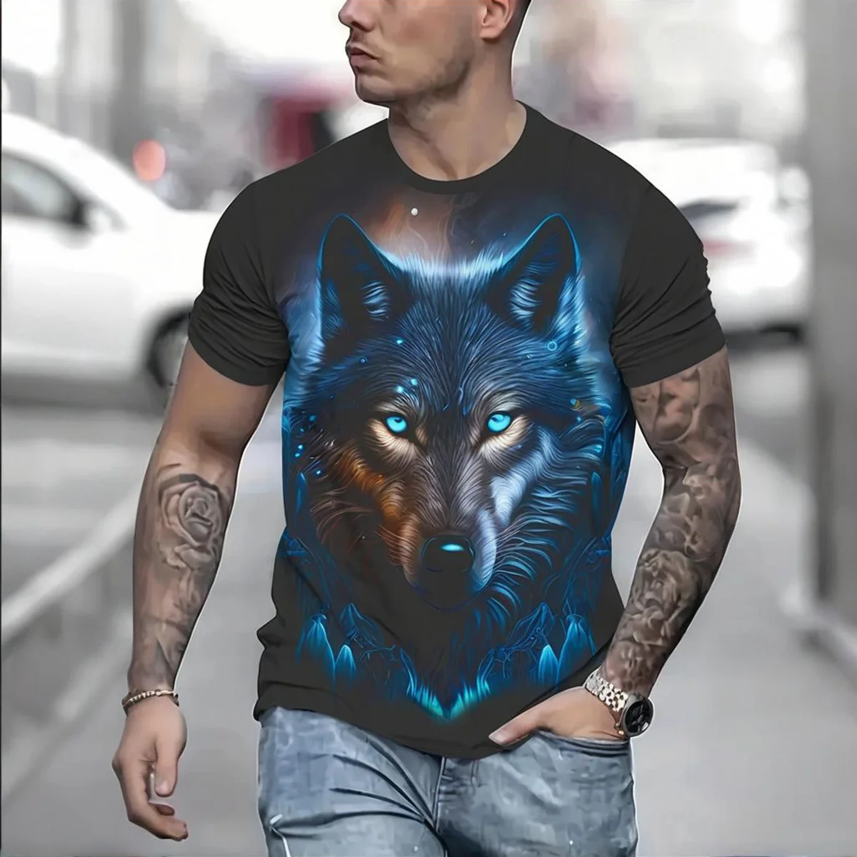 

Men's Fashionable 3D Fire Wolf Printed T-shirt Summer Short-Sleeve Loose Version Suitable for Fitness Workouts/Daily Outings