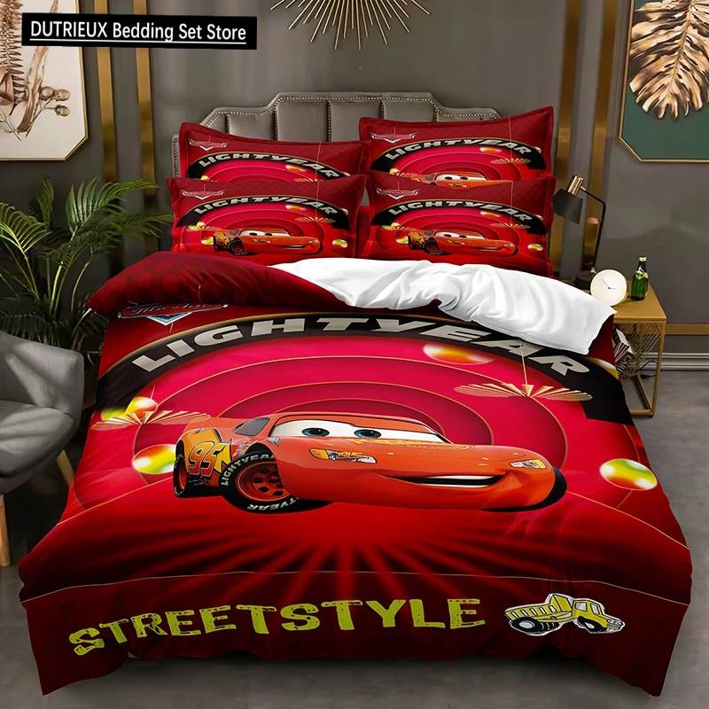 Ensemble de draps imprimés Lightning McQueen, motif de film automobile, literie confortable pour garçons et adultes, ensemble 3 pièces, taille complète
