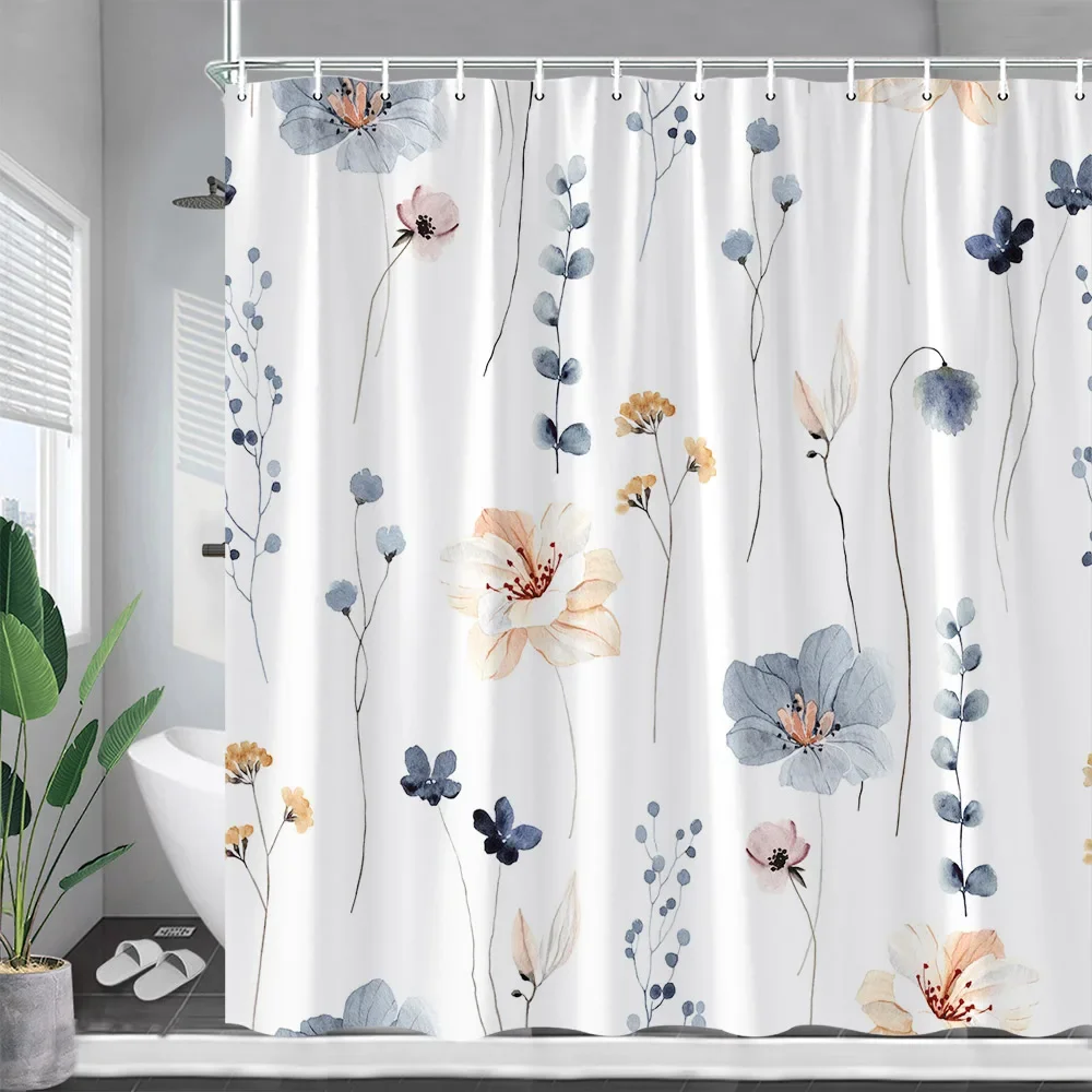 Rustic Floral Shower Curtains Watercolour Flowers Plants Leaves Modern Minimalist Spring Bathroom Decor Fabric Bath Curtain Sets