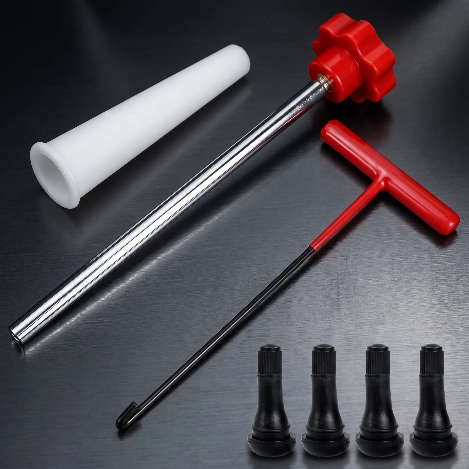 7 Pieces Valve Stem Installation Kit Long-Handled Tire Valve Tool with Stems Knurled Long-Lasting for Diyers, Garage