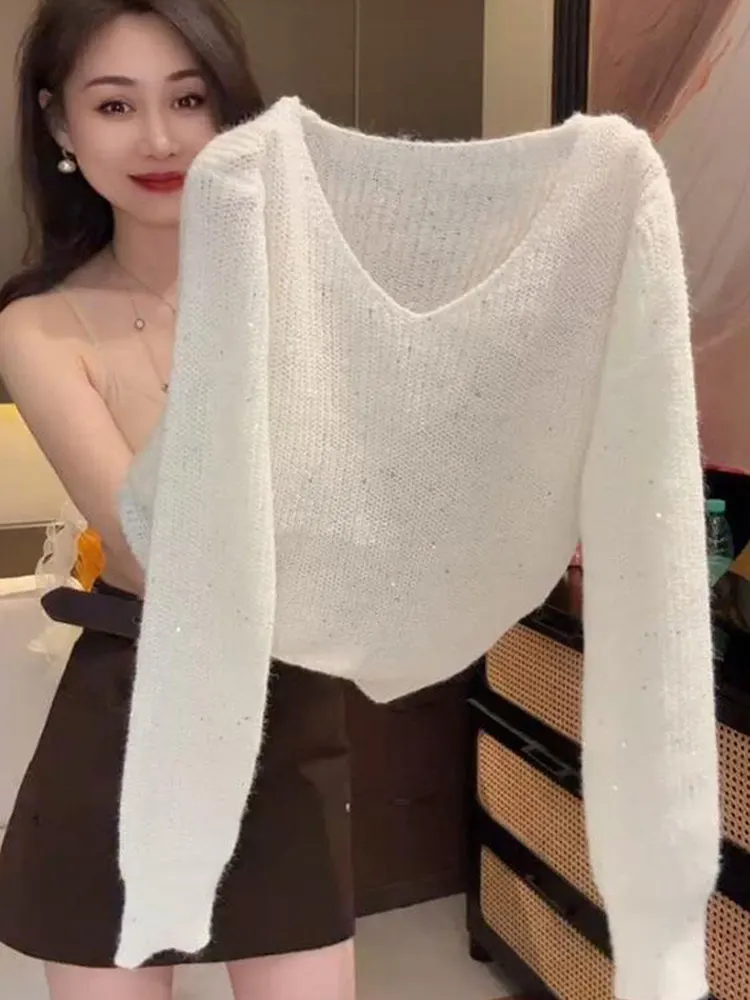 

Ladies V-Neck Knitted Top Glitter Inner Wear White Simple High-End Feeling Spring Autumn New Style Soft Comfortable Korean Style
