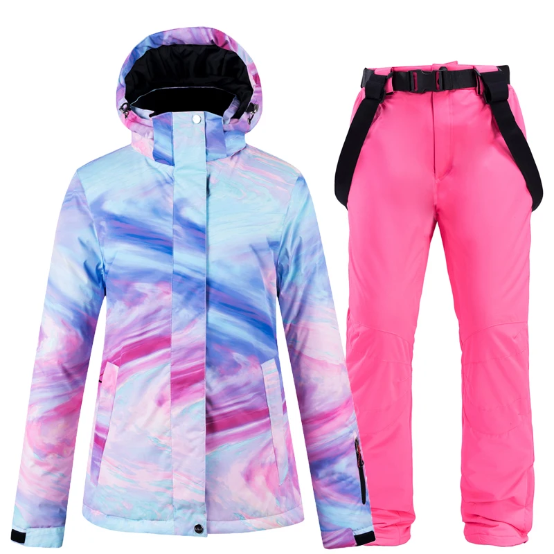 Conjunto de traje de nieve para mujer, ropa de Snowboard, impermeable, traje de invierno, chaqueta de esquí y pantalón con correa, Baberos con