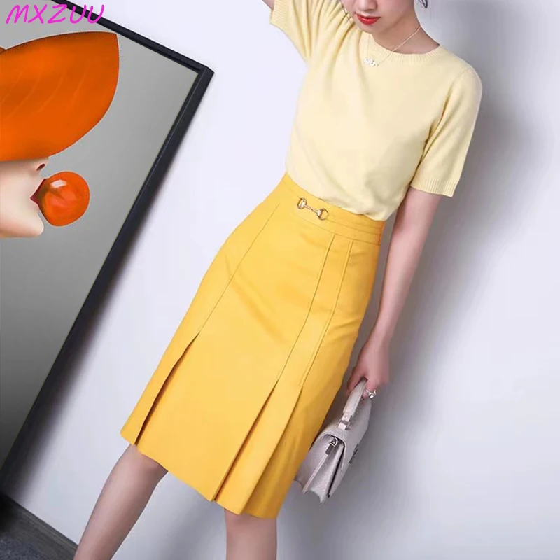 

French Elegant Genuine Leather Jupe Mi-Longue Femme Sheepskin Yellow Wrap Hip A-Line Skirt Feminina Fashion Slim Saia Plissada