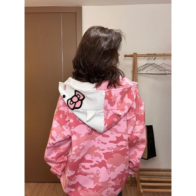 Kawaii Hello Kitty Women Hoodies Coat Autumn Winter Vintage Zip Up Loose Hooded Sweatshirts Y2K Long Sleeve Jacket Top Gift