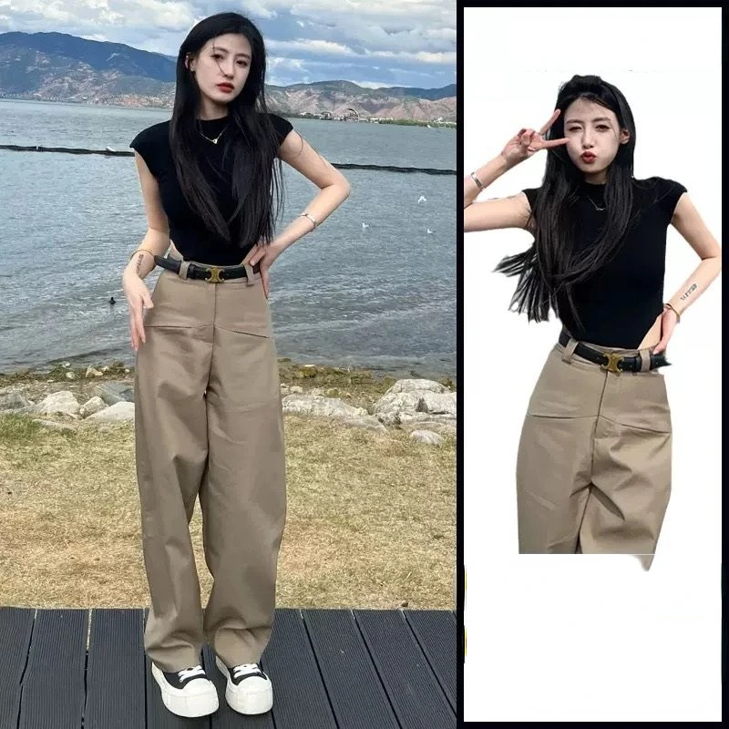 Summer Retro Hong Kong Style Explosion Ageing Salt Department Casual Fashion Top Wide Leg Pants Two-piece Suit Female