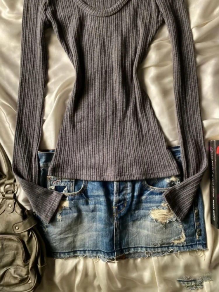 Outono novo fino manga longa com decote em v camisola feminina moda vintage estética magro malhas quente retro quente menina quente pulôver elástico