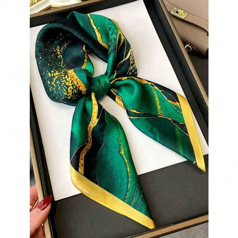 

1pc Women's Elegant Bohemian Style Green Painting Print Bandana Scarf, Smooth Satin Fabric,