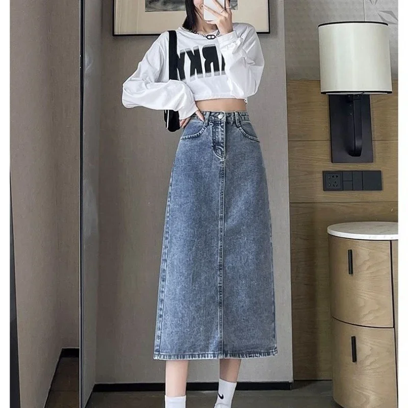 

Fashion Denim Long Skirt Y2k Vintage High Waist Split Midi Jeans Skirt 2024 Summer Women's Clothing Korea Stylish